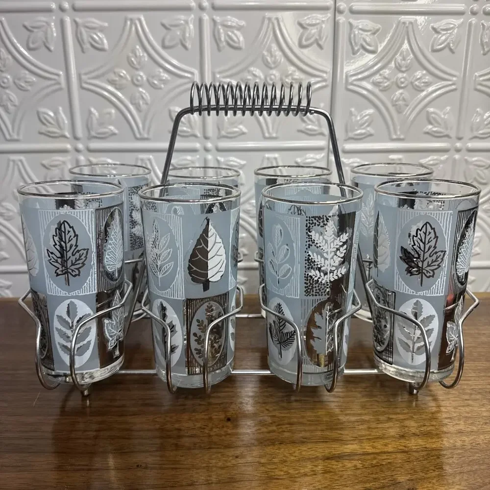 Set of 8 Vintage Libbey Highball Glass Tumblers w/ Metal Caddy Aqua Silver Leaf